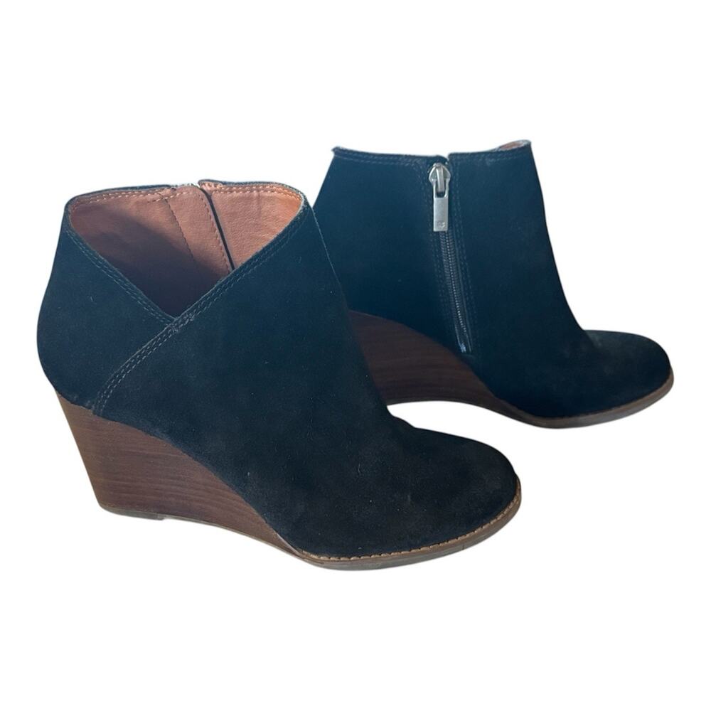 Lucky Brand 'Yakeena' Zip Wedge Booties Black Suede Tapered Stacked Heel Size 7M
